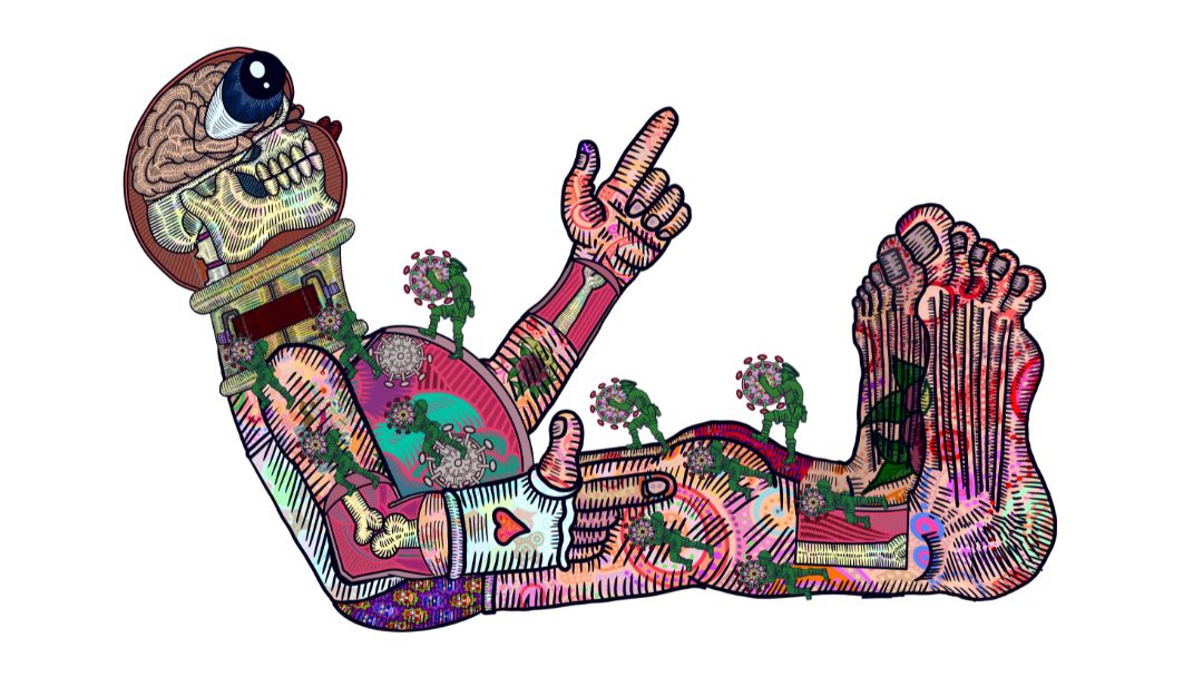 Drawing of a man in a half lying pose with his head raised. The style is colourful and reflects Aztec or Mexican styling, the face is colourfully exposed to show the eye, jaw, teeth and brain. There are people who look like trees moving up the figure. The figure has one hand pointing upwards. The colours are bright.
