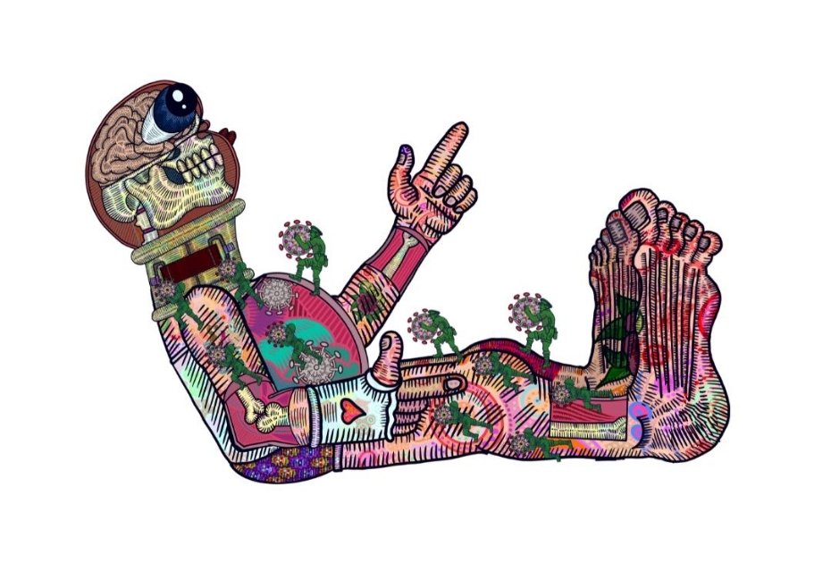 Drawing of a man in a half lying pose with his head raised. The style is colourful and reflects Aztec or Mexican styling, the face is colourfully exposed to show the eye, jaw, teeth and brain. There are people who look like trees moving up the figure. The figure has one hand pointing upwards. The colours are bright.