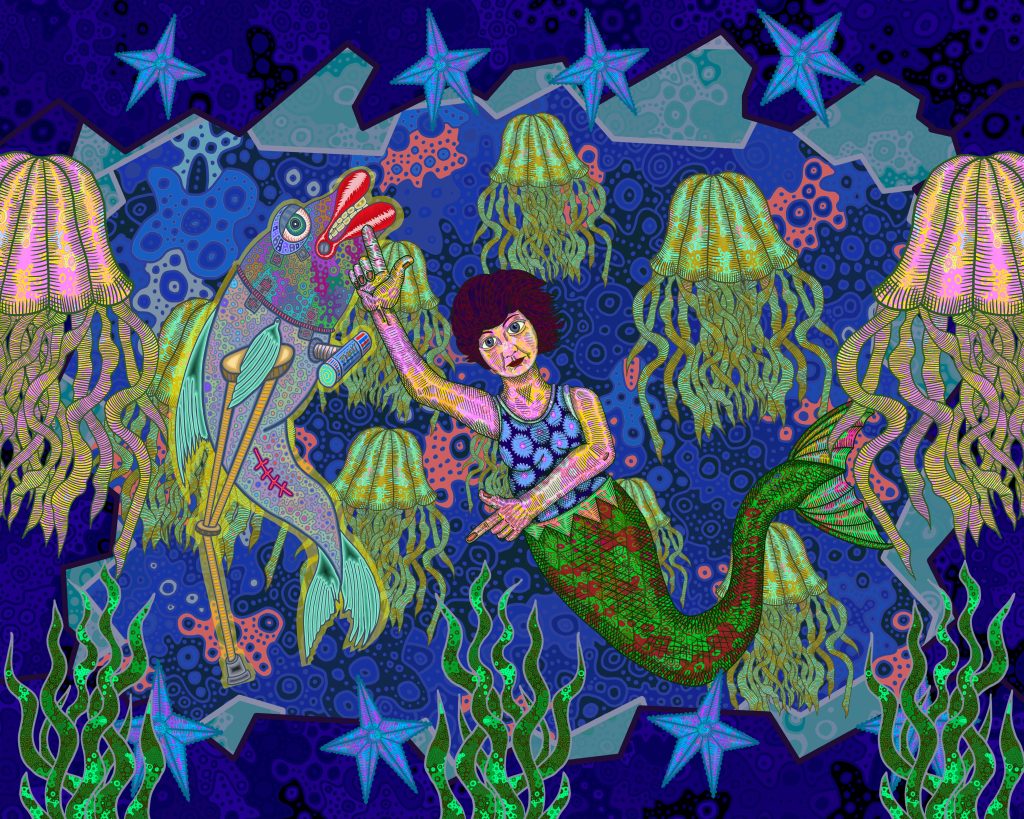 A drawing of Jason's mum as a mermaid, she is surrounded by colourful jellyfish, starfish, seaweed, and a stylised fish. The fish has an old fashioned wooden crutch. Jason's mum is wearing a floral patterned tank top and has dark hair. Overall the picture is different shades of blue and green with pink and yellow highlights. 