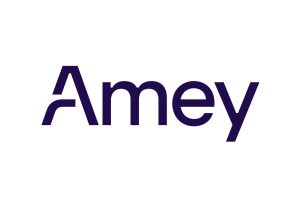 Amey logo, Amey written in Navy on a white background